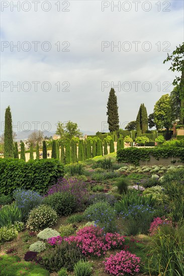 Gardens in spring, flowering perennials, Alhambra Gardens, Granada, Spain, Europe