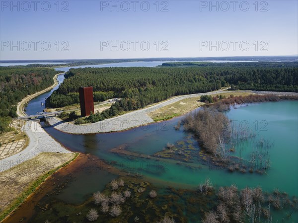 The 30 metre high landmark of the Lusatian Lakeland, the so-called Rusty Nail, was built at the mouth of Lake Sedlitz. It is a lookout tower made of 111 tonnes of Corten steel, with the base of a right-angled triangle with cathetus lengths of approximately twelve and eight metres. 162 steps lead to the viewing platform on the tower, Senftenberg, Brandenburg, Germany, Europe