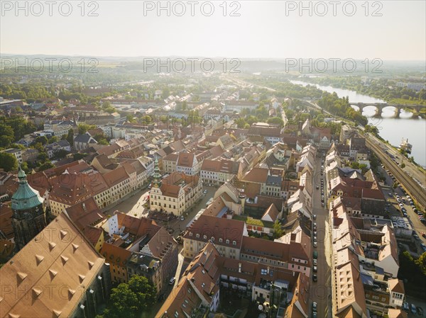 Pirna on the Elbe. General view of the old town centre with town hall, market square, St. Mary's Cathedral and Sonnenstein Fortress, Pirna, Saxony, Germany, Europe
