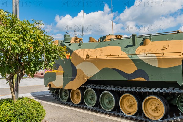 Side view of LVTP-7 amphibious assault vehicle on display at seaside park in Seosan, South Korea, Asia