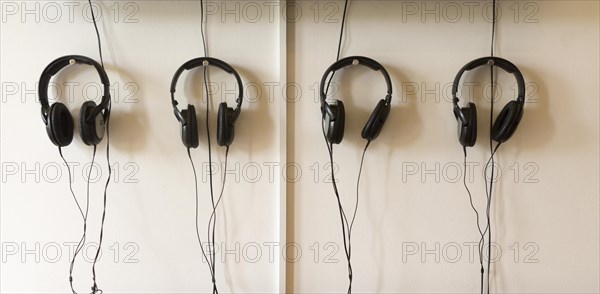 Hauser and Wirth art gallery, restaurant and garden, Durslade Farm, Bruton, Somerset, England, UK headphones against wall