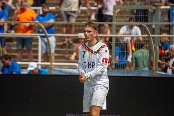 Fistball World Championship from 22 July to 29 July 2023 in Mannheim: The German national team won its opening match against Namibia with 3:0 sets. Pictured here: Jaro Jungclaussen from TV Vaihingen/Enz