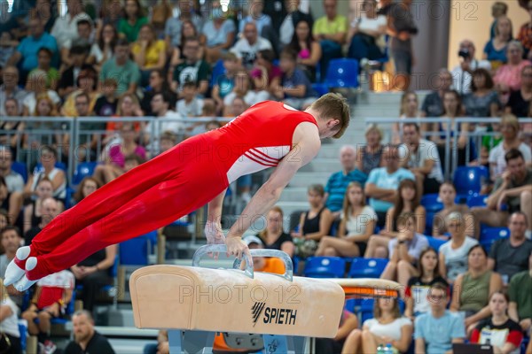 Heidelberg, 9 September 2023: Men's World Championship qualification in conjunction with a national competition against Israel. Leonard Pruegel during his routine on the pommel horse