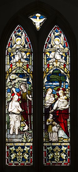 Stained glass window in church of All Saints church, South Elmham, Suffolk, England, UK circa 1890 by Jones and Willis, Saint John the Baptist baptising Jesus Christ and Suffer the Little Children