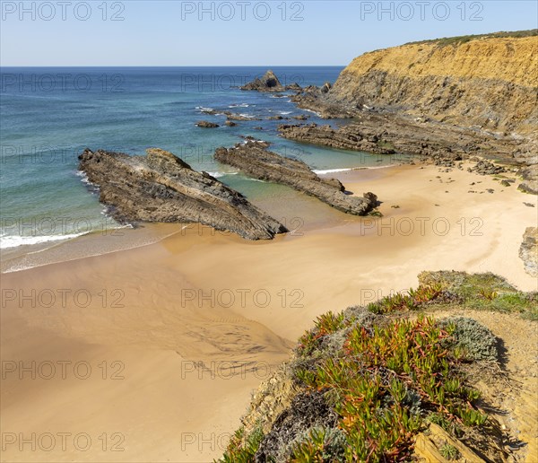 Sandy beach Praia dos Alteirinhos, Zambujeira do Mar in bay between rocky headlands part of Parque Natural do Sudoeste Alentejano e Costa Vicentina, Costa Vicentina and south west Alentejo natural park, Zambujeira do Mar, Alentejo Littoral, Portugal, southern Europe, Europe