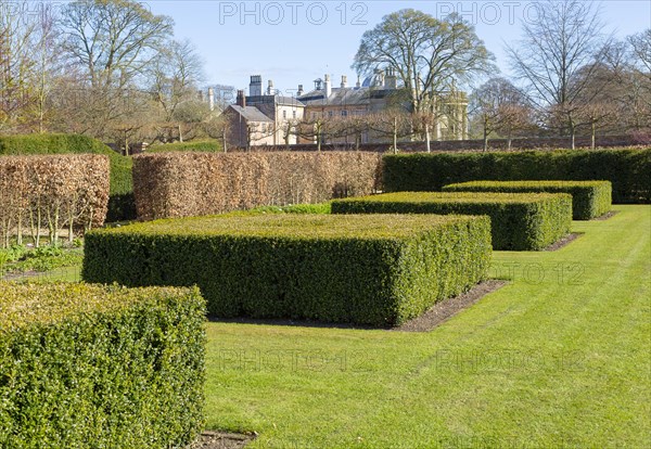Garden designed by Piet Oudolf at Scampston Hall, Yorkshire, England, UK, Spring Box Garden