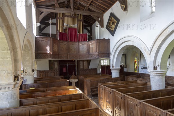 Historic interior of Saint John the Baptist church, Mildenhall, Wiltshire, England, UK