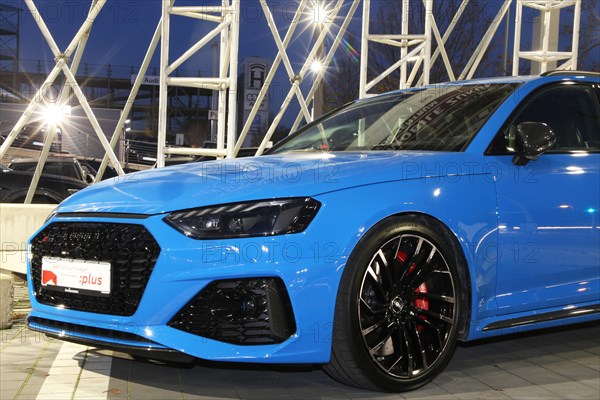 Blue Audi RS 4 Avant, seen at the Audi Centre Karlsruhe