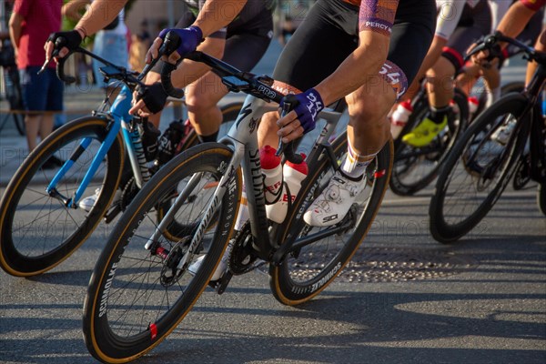 Close-up of a bike race with Specialized racing bikes in the foreground