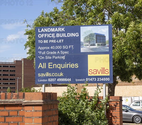 Savills estate agent advertising sign commercial property office building, Ipswich, Suffolk, England, UK