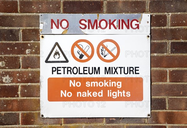 No Smoking sign Petroleum mixture no smoking or naked lights, UK