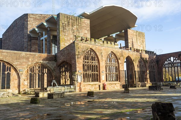 New cathedral building from inside ruins of the old, Coventry, West Midlands, England, UK
