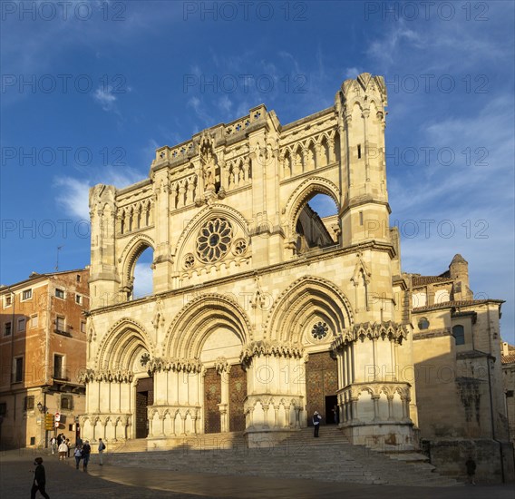 Frontage of cathedral church building, Cuenca, Castille La Mancha, Spain, Gothic architecture, Europe