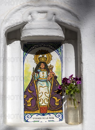 Small niche image of Virgin Mary, Virgen De la Pena, Mijas, Malaga province, Andalusia, Spain, Europe