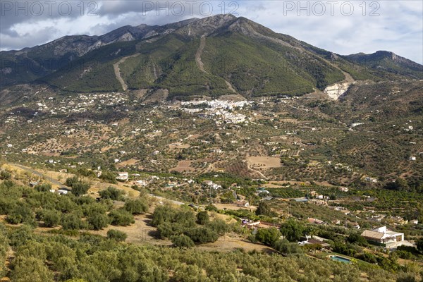 Landscape view to Alcaucin village and Maroma mountain, Sierra de Tejeda, Axarquia, Andalusia, Spain, Europe