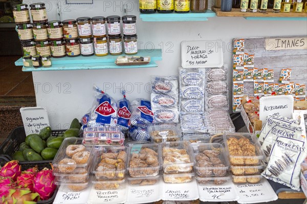 Display of local food specialities on sale outside shop, Frigiliana, Axarquia, Andalusia, Spain, Europe