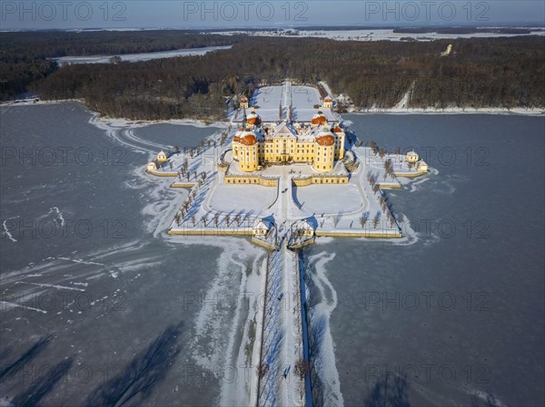 Moritzburg Castle on the castle island surrounded by the frozen castle pond, Moritzburg, Saxony, Germany, Europe