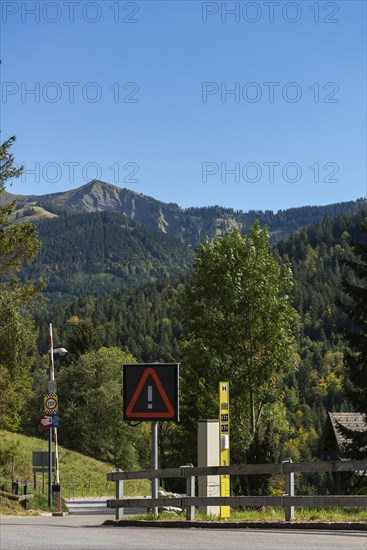 Mountain village Ebnit, municipality Dornbirn, Bregenzerwald, alpine view, traffic sign, attention, Voralberg, Austria, Europe