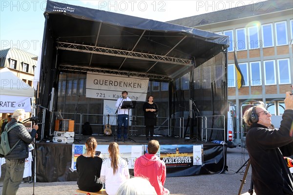 Karlsruhe: Michael Ballweg speaks at the Corona protests against the measures taken by the federal government. The protests were organised by the Querdenken 721 Karlsruhe initiative