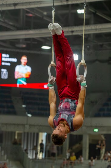 Heidelberg, 9 September 2023: Men's World Championship qualification in conjunction with a national competition against Israel. Nick Klessing during his routine on the rings