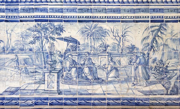 Blue and white azulejo tiles Oriental Far Eastern scene China, University of Evora, Portugal, Europe