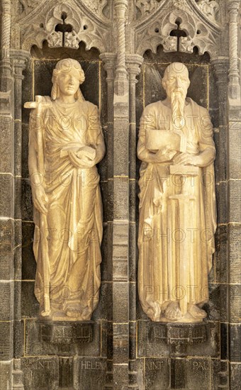 Stone carved reredos figures Saint Helena and Saint Paul, church of Saint Andrew, Bramfield, Suffolk, England, UK