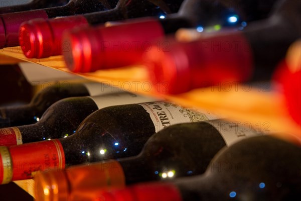 Wine cellar with red wine bottles (editorial)