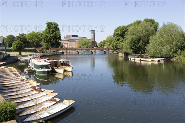 Royal Shakespeare Company theatre from the River Avon, Stratford-upon-Avon, Warwickshire, England, UK