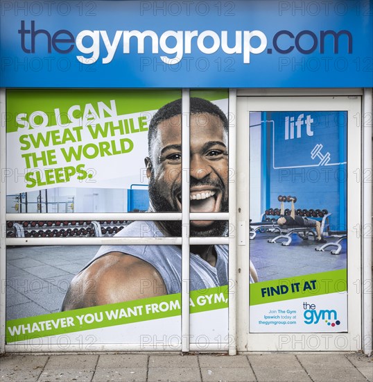 The Gym Group advertising poster, Cardinal Park, Ipswich, Suffolk, England, UK