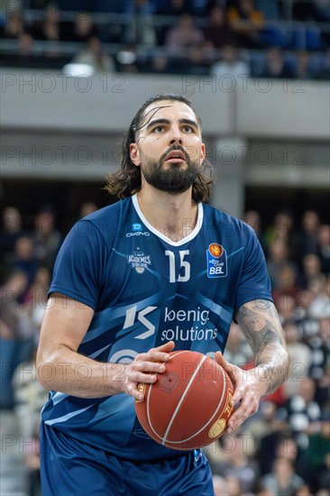 09.02.2024, easy Credit BBL, German Basketball League, Matchday 20) : MLP Academics Heidelberg against Basketball Lions Braunschweig (final score 76:94) . Free throw by Marcel Kessen (Heidelberg)