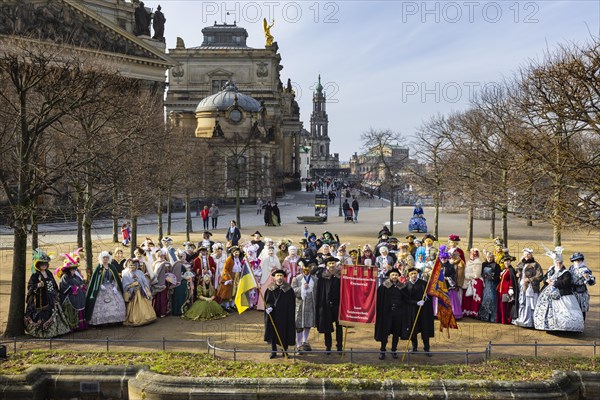 LUST & PASSION & JOY OF LIFE, for the joy of the masquerade, the Elbvenezian Carnival took place in Dresden on the weekend in front of Rose Monday. The highlight was the joint stroll through the historic centre with masks in robes in the style of the Elbe Venetian Carnival from the Neumarkt through the Altmarktgalerie, the Schlossstrasse, through the Stallhof, along the Fuerstenzug, onto the Bruehlsche Terrasse and into the Bruehlsche Garten, Dresden, Saxony, Germany, Europe