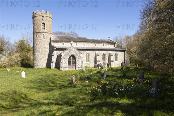 Round tower of All Saints Church, South Elmham, Suffolk, England, UK historic redundant church