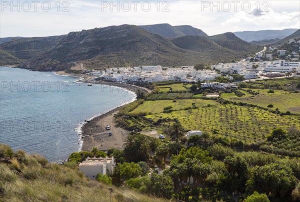 Landscape view of coastline and village of Las Negras, Cabo de Gata natural park, Almeria, Spain, Europe