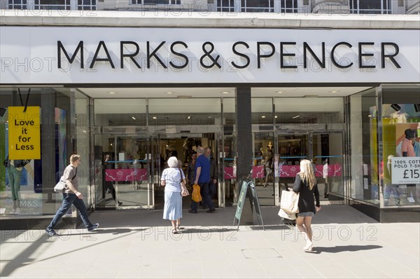 Marks and Spencer shop store entrance in Regent Street, Brunel Centre, Swindon, Wiltshire, England, UK