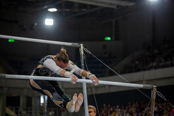 Heidelberg, 9 September 2023: Women's apparatus gymnastics national competition in the SNP Dome in Heidelberg. Emma Malewski performs on the uneven bars