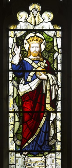 Jesus Christ, King of Kings, depicted in stained glass window by Burlisson and Grylls 1906, All Saints church, Stanton St Bernard, Wiltshire