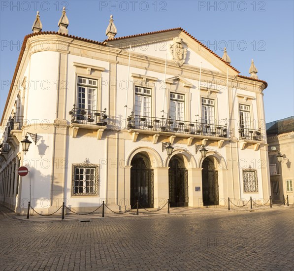 Historic facade of the district council municipal building in the old walled town area of Faro, Algarve, Portugal, Europe