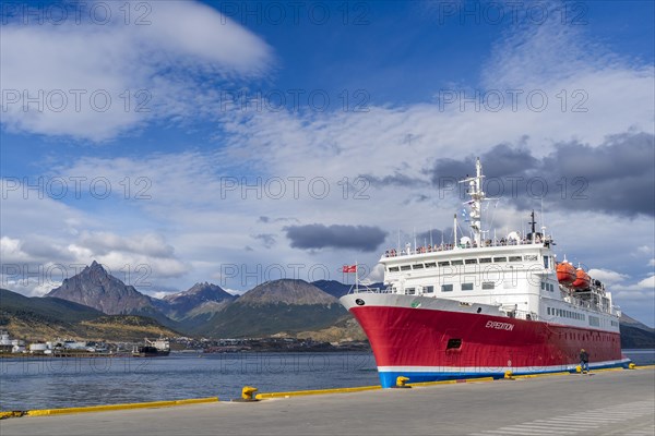 Cruise ship named Expedition in the harbour at the Beagle Channel, Ushuaia, Tierra del Fuego Island, Patagonia, Argentina, South America