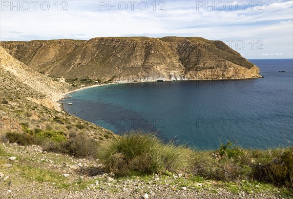 Coastal view to abandoned village of Cala de San Pedro, Cabo de Gata Natural Park, Almeria, Spain, Europe