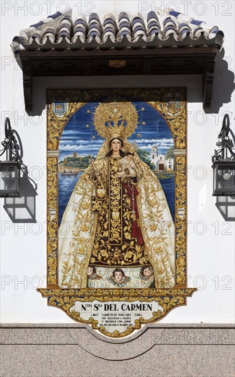Ceramic tile image on wall of parish church Nuestra Senora del Carmen, Fuengirola, Costa del Sol, Andalusia, Spain, Europe