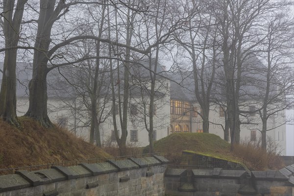 Winter atmosphere at the mountain fortress. Georgenburg Castle, Koenigstein, Saxony, Germany, Europe