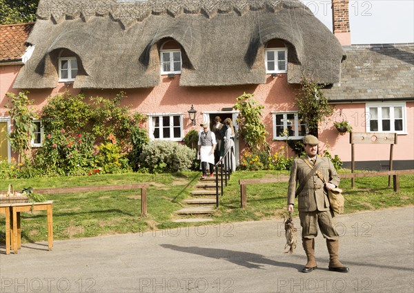 Filming a scene for Stanley's War film directed by Tim Curtis outside the Sorrel Horse pub, Shottisham, Suffolk, England, UK