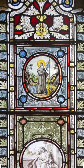 Flemish images in stained glass window church of Saint John, Saxmundham, Suffolk, England, UK, Saint William of Aquitaine