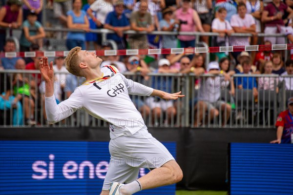 Fistball World Championship from 22 July to 29 July 2023 in Mannheim: The German national team won its opening match against Namibia with 3:0 sets. Pictured here: Attacking player Patrick Thomas from TSV Pfungstadt