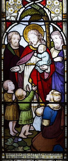 Stained glass window H. Hughes 1869 Jesus Christ 'Suffer the Little Children to Come Unto me', Etchilhampton church, Wiltshire, England, UK