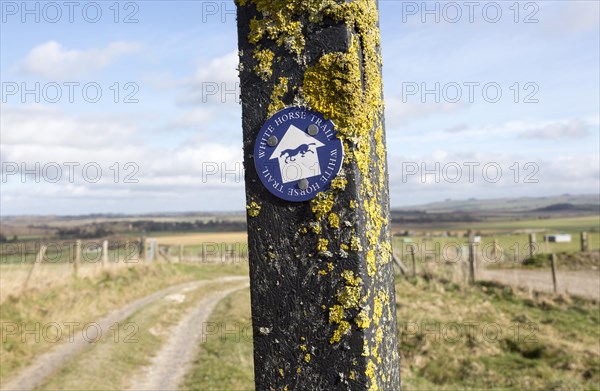 Route marker sign for the White Horse Trail across chalk downland, Marlborough Downs, Wiltshire, England, UK