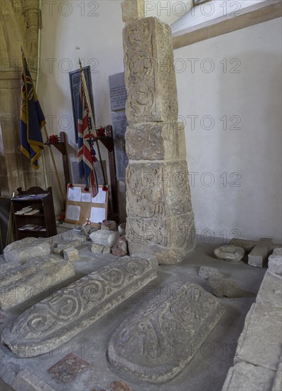 Anglo Saxon carved stone crosses from 9th-11th century, Holy Cross church, Ramsbury, Wiltshire, England, UK