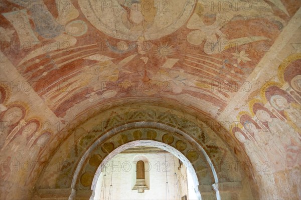 Medieval frescoes church of Saint Mary, Kempley, Gloucestershire, England, UK, Christ in Majesty chancel ceiling c1120