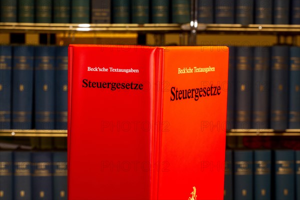 Symbolic image of tax advice: specialist book STEUERGESETZE from Beck-Verlag in front of a bookshelf