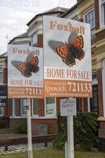 Estate agent signs for apartment flats for sale, Spring Road, Ipswich, Suffolk, England, UK